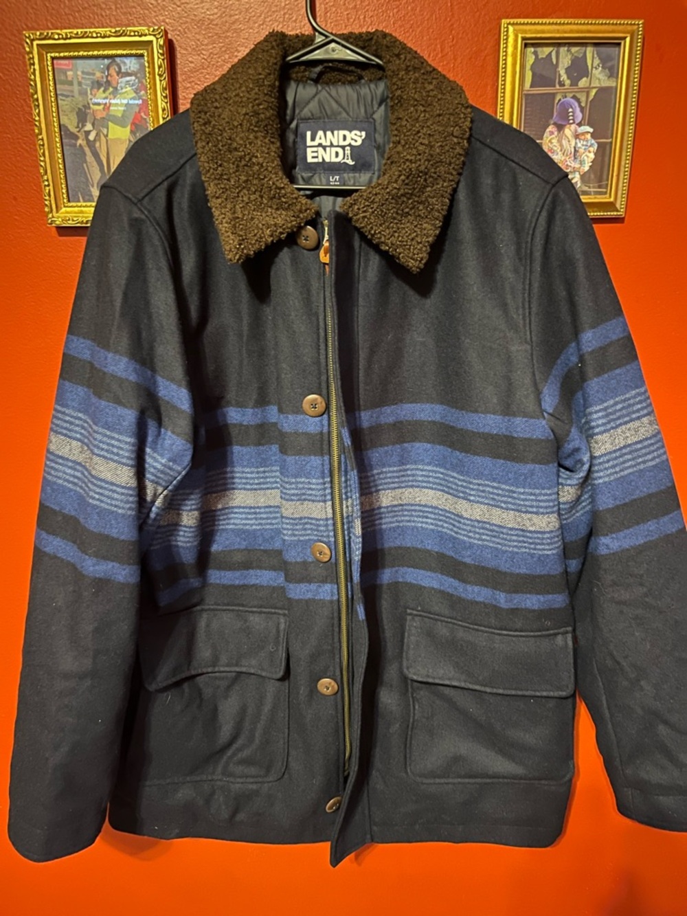 Lands' End Navy Jacket with Blue & Gray Stripes and Brown Sherpa Collar